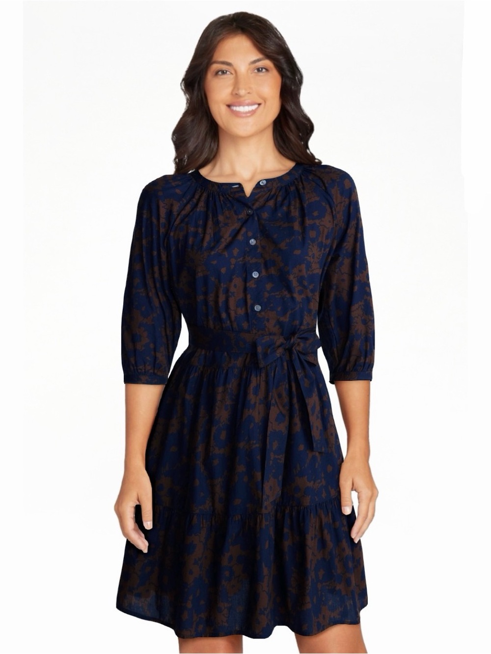 Time and Tru Navy and Brown Floral Tie-Waist Mini Dress
